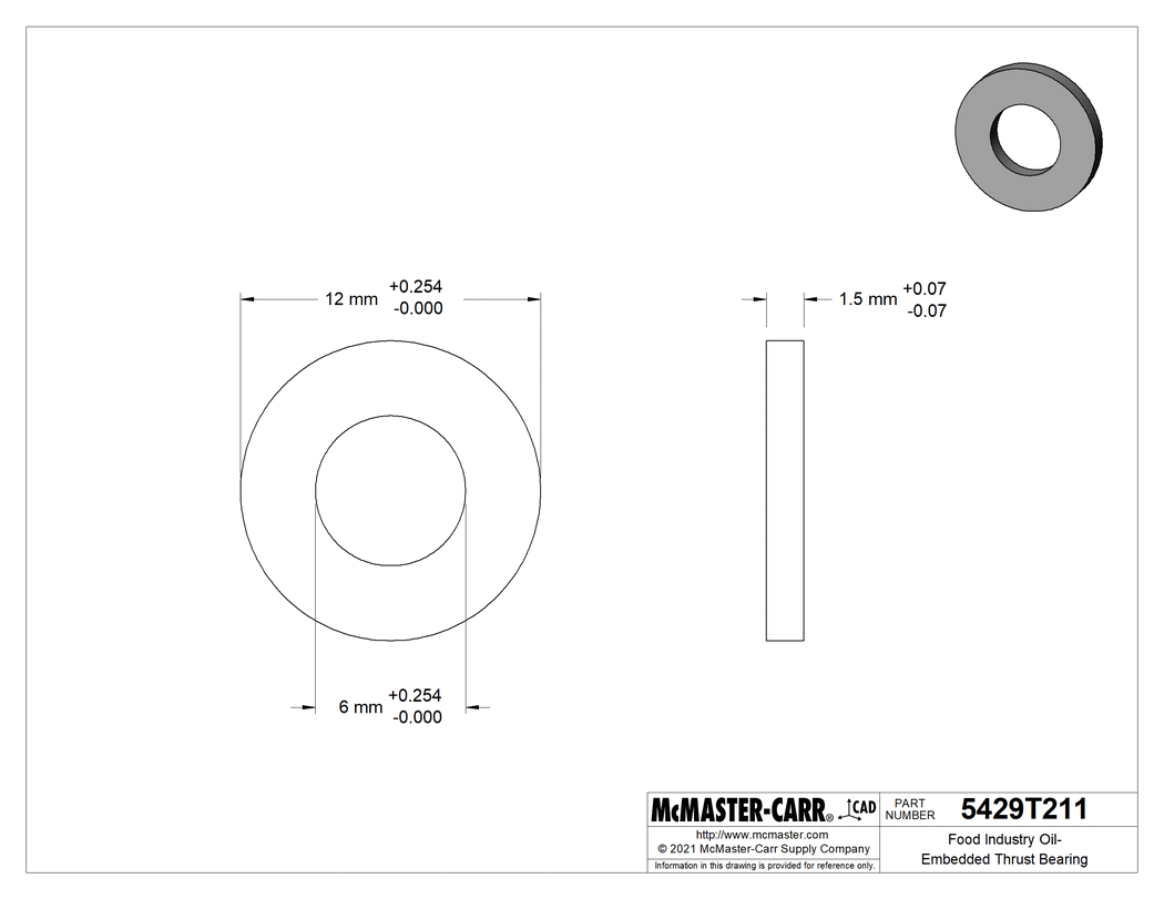 Technical Drawing of Oil-Embedded Thrust Bearing for Food&Beverage, 841 Bronze, for 6mm Shaft Diameter, 12mm OD, 1.5mm Thick.